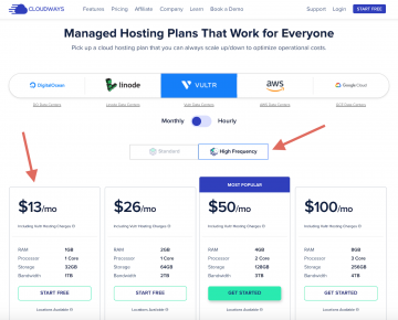 Cloudways Oricing Vultr HF High Frequency Server Start Free