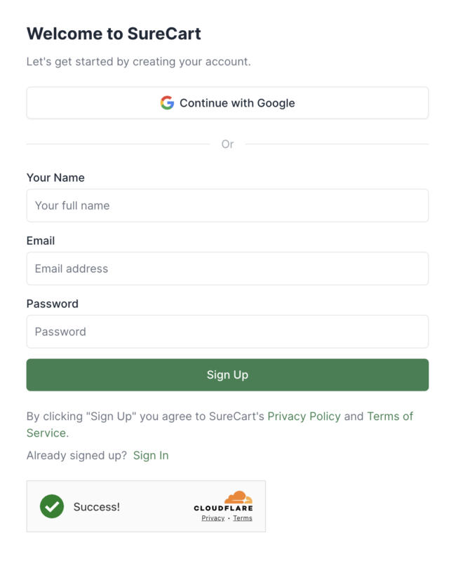 SureCart Account Sign Up