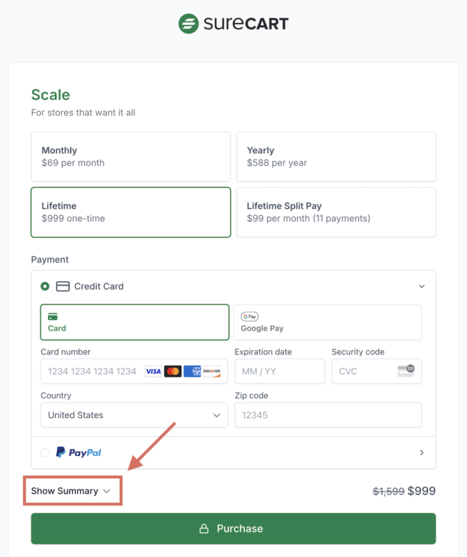 SureCart Checkout Page Choose Show Summary